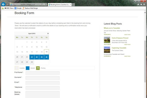 New WordPress CMS website for Caroline Cottage by Zealous Web Design | Cramlington Blyth Northumberland | front end booking calendar